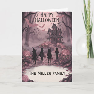 Aangepaste familienaam Vintage Roze Trick or Treat Kaart