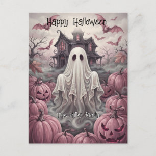 Aangepaste familienaam Vintage spook en heksenhuis Feestdagenkaart