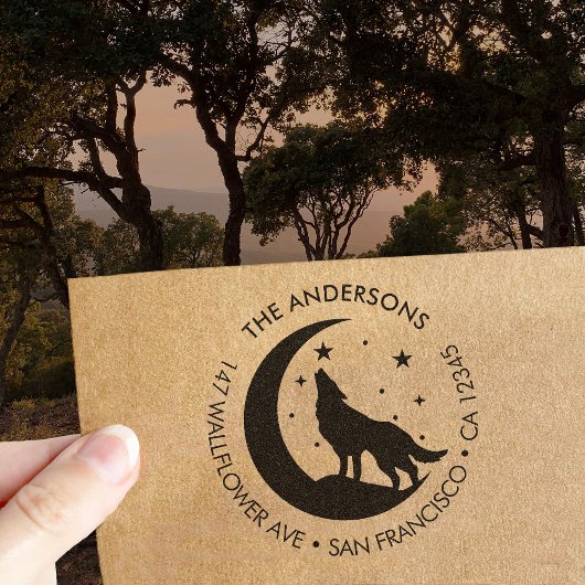 Aangepaste familienaam Wolf Moon Retouradres Zelfinktende Stempel