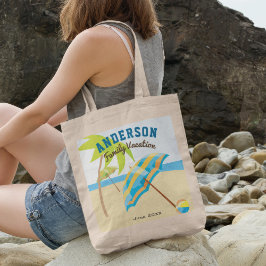 Aangepaste familienaam zomer strandvakantie tote bag