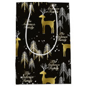 Aangepaste familienaam Zwart Goud Rendier Kerstmis Medium Cadeauzakje (Voorkant)