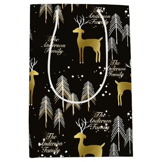 Aangepaste familienaam Zwart Goud Rendier Kerstmis Medium Cadeauzakje (Voorkant)