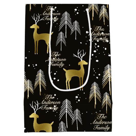 Aangepaste familienaam Zwart Goud Rendier Kerstmis Medium Cadeauzakje (Achterkant)