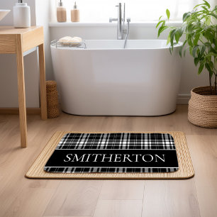 Aangepaste familienaam zwart wit Buffalo Plaid Badmat