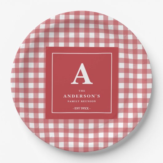 Aangepaste familiereünie Red Gingham Papieren Bordje (Voorkant)