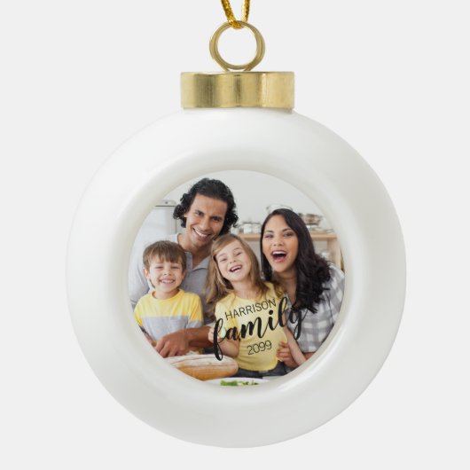 Aangepaste FAMILY Script One Photo Keepsake Keramische Bal Ornament (Voorkant)