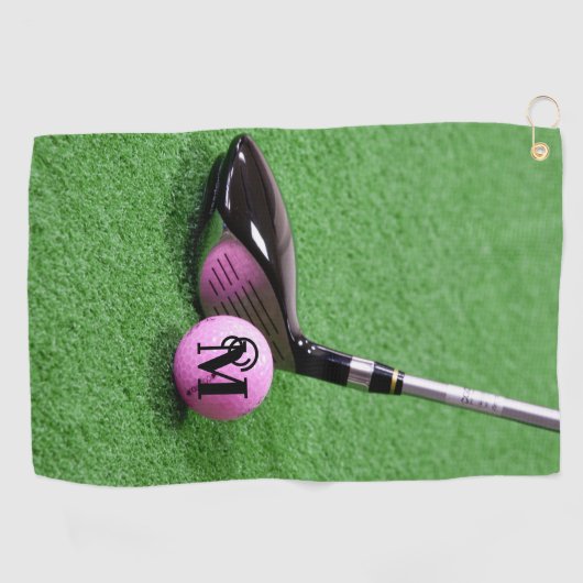 Aangepaste Fancy monogram roze Golfbal van het Man Golfhanddoek (Horizontaal)