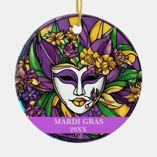 Aangepaste Faux Glas in lood Mardi Gras Mask Keramisch Ornament (Voorkant)
