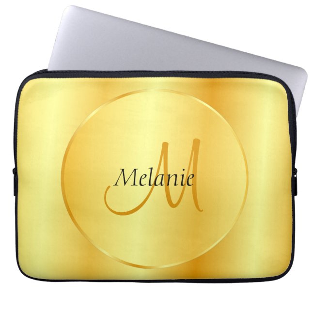 Aangepaste Faux Gold Elegant Moderne Monogram Sjab Laptop Sleeve (Voorkant)