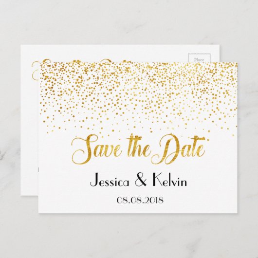 Aangepaste Faux Gold Foil Confetti Stippen Save th Aankondigingskaart (Voorkant / Achterkant)