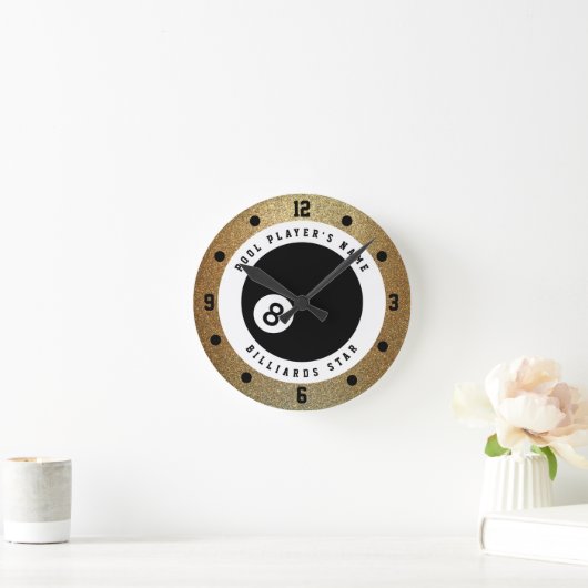 Aangepaste Faux Gold Glitter Pool Player Billiards Ronde Klok (Huis)