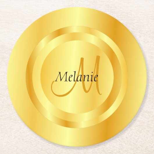 Aangepaste Faux Gold Modern Monogram Elegant Sjabl Ronde Kartonnen Onderzetter (Voorkant)