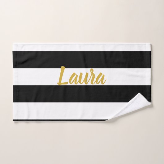 Aangepaste Faux Gold tekst op zwart en wit gestree Bad Handdoek (Handdoek)