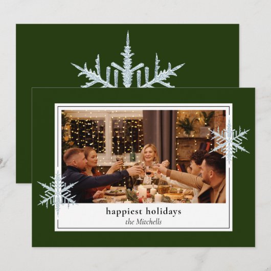 Aangepaste Faux Silver Snowflakes op donkerbos Gro Feestdagenkaart (Voorkant / Achterkant)