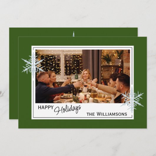 Aangepaste Faux Silver Snowflakes op donkerbos Gro Feestdagenkaart (Voorkant / Achterkant)