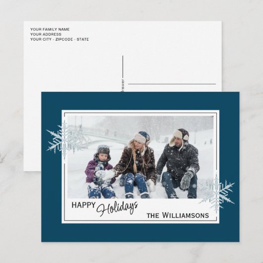 Aangepaste faux-zilversneeuwvlokken op donkerblauw briefkaart (Voorkant / Achterkant)