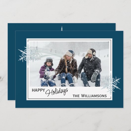 Aangepaste faux-zilversneeuwvlokken op donkerblauw feestdagenkaart (Voorkant / Achterkant)