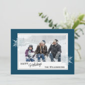 Aangepaste faux-zilversneeuwvlokken op donkerblauw feestdagenkaart (Staand voorkant)