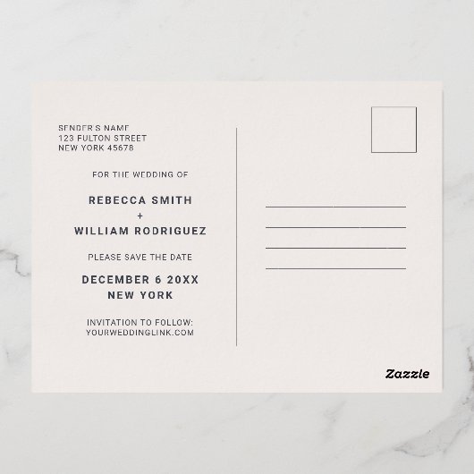 Aangepaste feestdag Foto bruiloft Save the Dates Folie Uitnodiging Briefkaart (Achterkant)