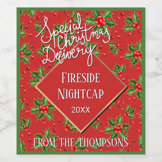 Aangepaste feestdag Groene Holly Leaves en Rode Be Wijn Etiket (Enkel label)