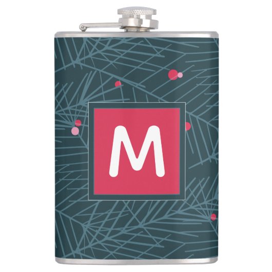 Aangepaste feestdag van Monogram Modern Spruce en  Heupfles (Voorkant)