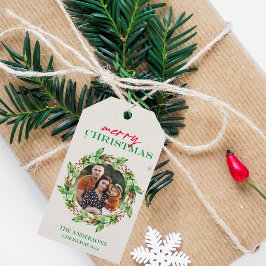 Aangepaste feestelijke krans Foto & familienaam Va Cadeaulabel