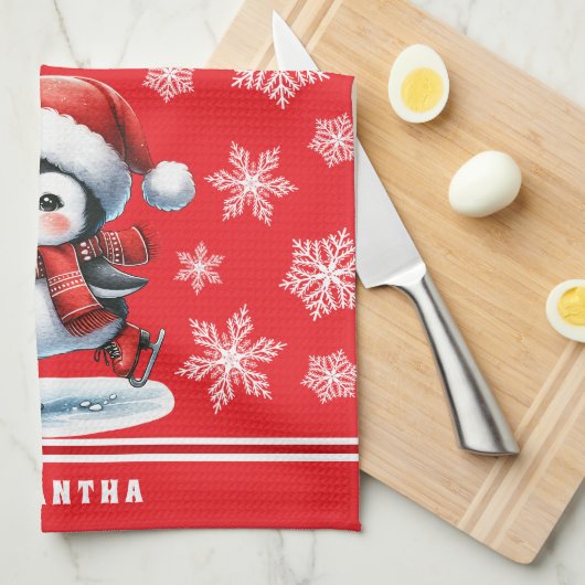 Aangepaste feestelijke rode pinguïn schaatser Kers Theedoek (Quarter Fold)
