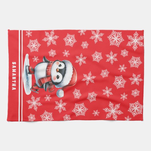 Aangepaste feestelijke rode pinguïn schaatser Kers Theedoek (Horizontaal)