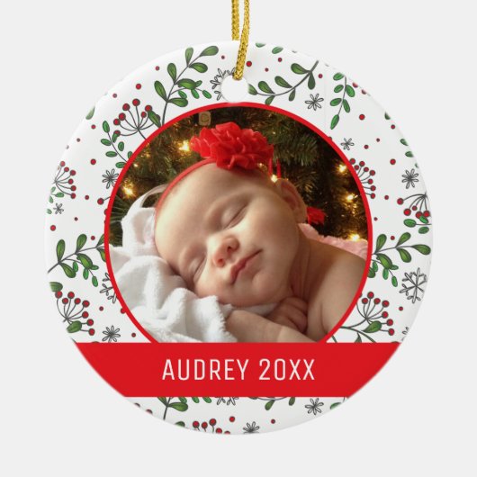 Aangepaste feestfoto | Mistletoe Pattern Keramisch Ornament (Voorkant)