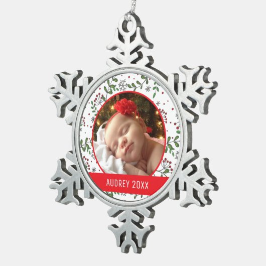 Aangepaste feestfoto | Mistletoe Pattern Tin Sneeuwvlok Ornament (Rechts)