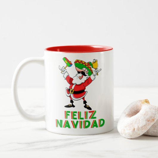 Aangepaste Feliz Navidad Mexicaanse kerstkerstkers Tweekleurige Koffiemok (Met donut)