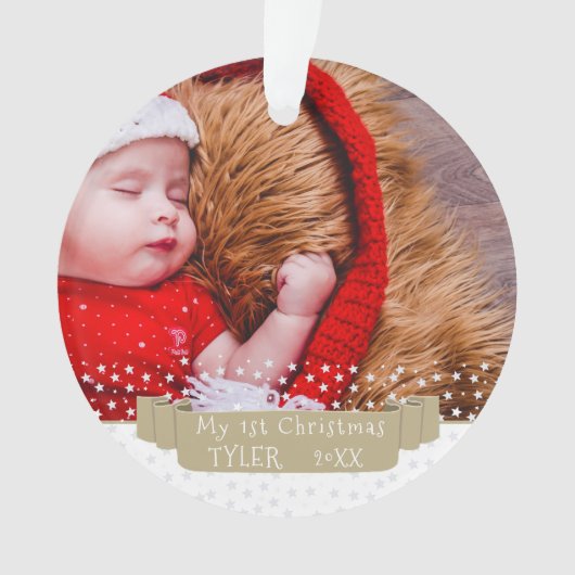 Aangepaste Festive Baby`s Eerste Kerstmis Foto Ornament (voorkant)