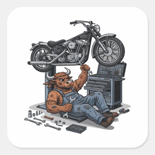 Aangepaste Fiets Winkel Bull Mechanisch Profession Vierkante Sticker (Voorkant)
