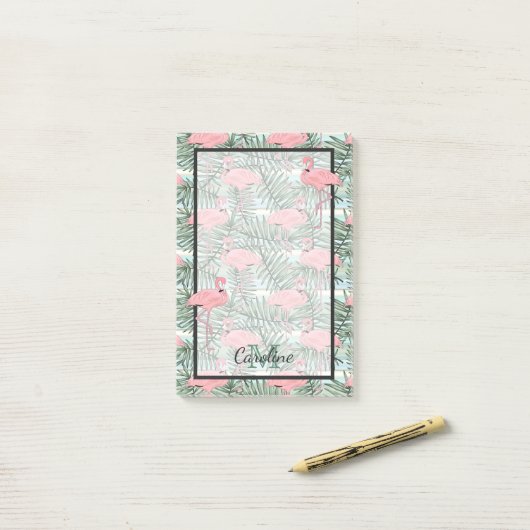 Aangepaste flacon roze flamingoes palmflauwte post-it® notes (Op bureau)