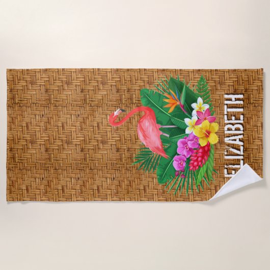 Aangepaste Flamingo Floral Wicker Print Strandlaken (Voorkant)