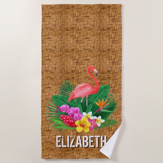 Aangepaste Flamingo Floral Wicker Print Strandlaken (Voorkant)