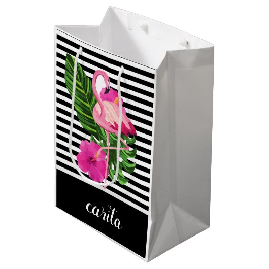 Aangepaste Flamingo Striped Gift Bag Medium Cadeauzakje (Voorkant Gekanteld)