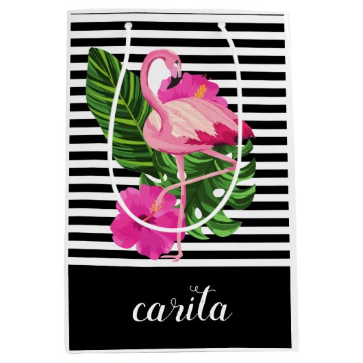 Aangepaste Flamingo Striped Gift Bag Medium Cadeauzakje (Voorkant)