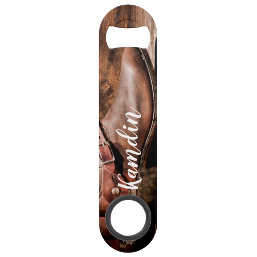 Aangepaste flesopening Cowboy Boots Barn Wood Speed Flessenopener (Voorkant)