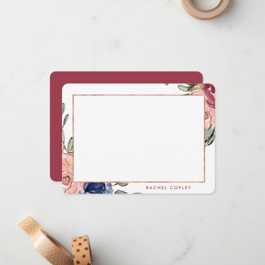 Aangepaste Floral Blue Pink Elegant Stationery N Notitiekaartje (Voorkant / Achterkant in situ)