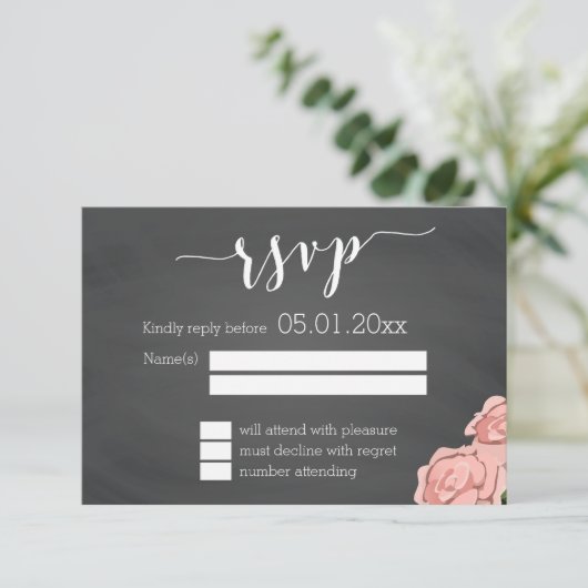 Aangepaste Floral Chalkboard Weddenschap RSVP-Kaar RSVP Kaartje (Staand voorkant)