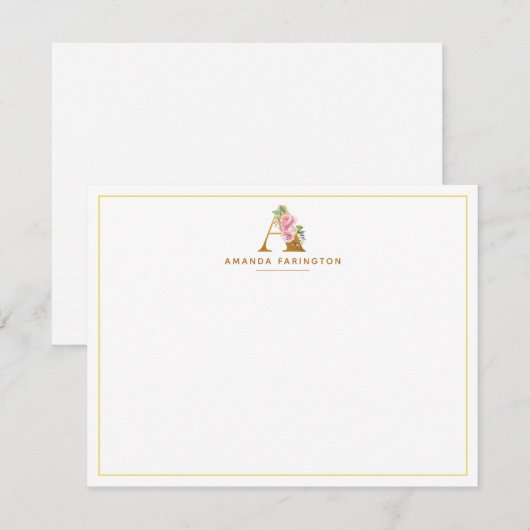 Aangepaste Floral Faux Gold Monogram Initiaal Notitiekaartje (Voorkant / Achterkant)