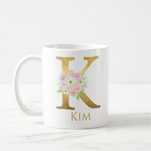 Aangepaste Floral Gold Monogram Letter K Aangepast Koffiemok