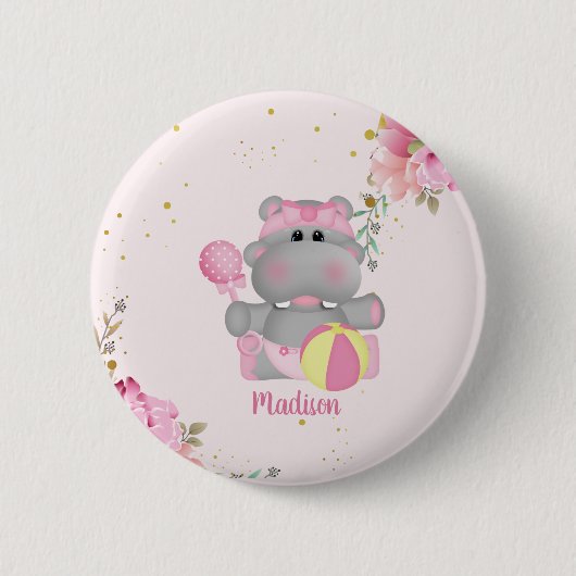 Aangepaste Floral Hippo Baby shower Button (Voorkant)