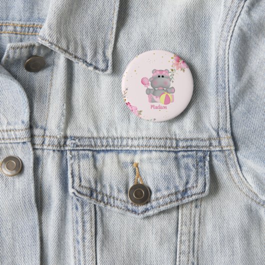 Aangepaste Floral Hippo Baby shower Button (In situ)