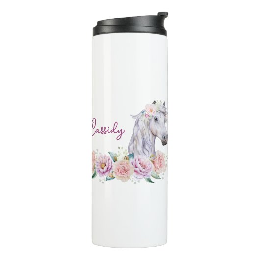 Aangepaste Floral Horse paarden Thermosbeker (Gedraaid links)