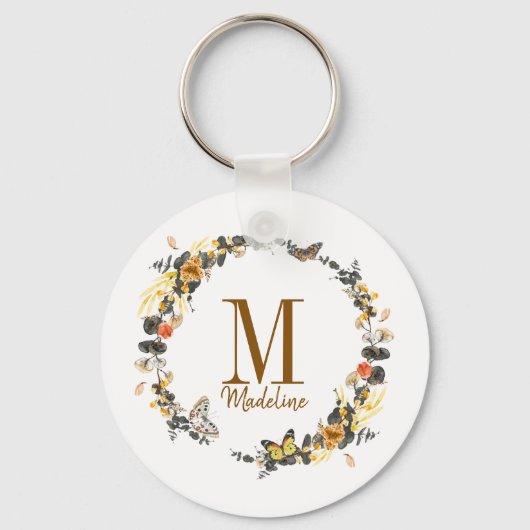 Aangepaste Floral Monogram Golden Herfst Sleutelhanger (Voorkant)