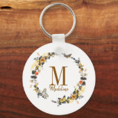 Aangepaste Floral Monogram Golden Herfst Sleutelhanger (Voorkant)
