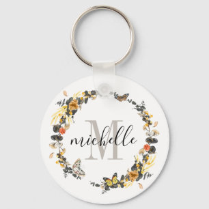 Aangepaste Floral Monogram Golden Herfst Sleutelhanger