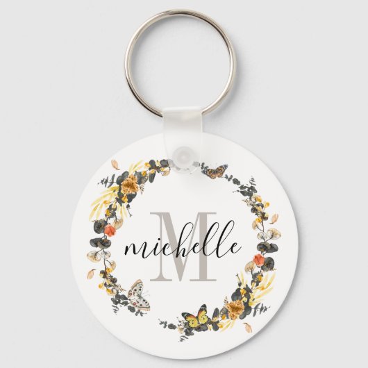 Aangepaste Floral Monogram Golden Herfst Sleutelhanger (Voorkant)